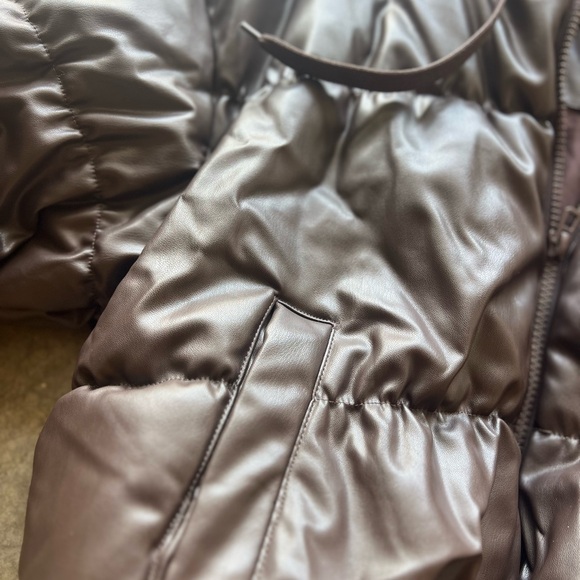 brown leather puffer hoodie coat - Picture 4 of 4